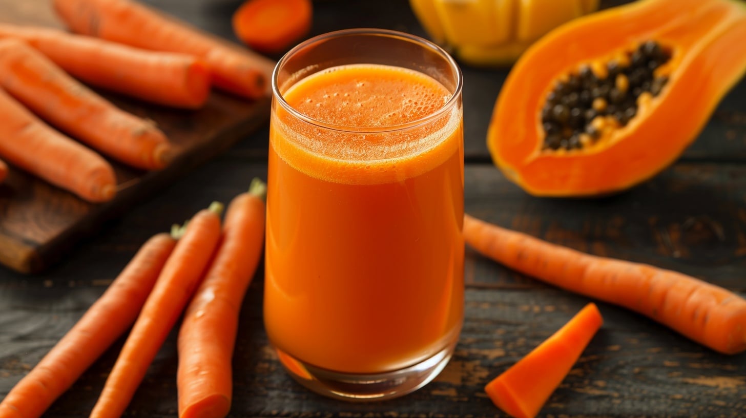 Alt Text:
Jugo de zanahoria con papaya, bebida saludable, rica en vitaminas y antioxidantes, fibra natural, jugo nutritivo y refrescante, receta fácil, bienestar y digestión, bebida de fruta y vegetal, energía natural - (Imagen Ilustrativa Infobae)