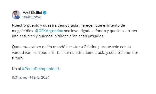 Tuit de Axel Kicillof para Cristina Kirchner