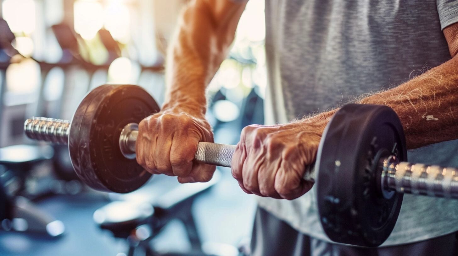 Adulto mayor fortaleciendo su cuerpo con entrenamiento de pesas en un ambiente de gimnasio, evidenciando la dedicación a su salud física y mental. A través del deporte y la correcta hidratación, mantiene un estilo de vida activo y saludable, demostrando la importancia de cuidarse a cualquier edad. (Imagen ilustrativa Infobae)