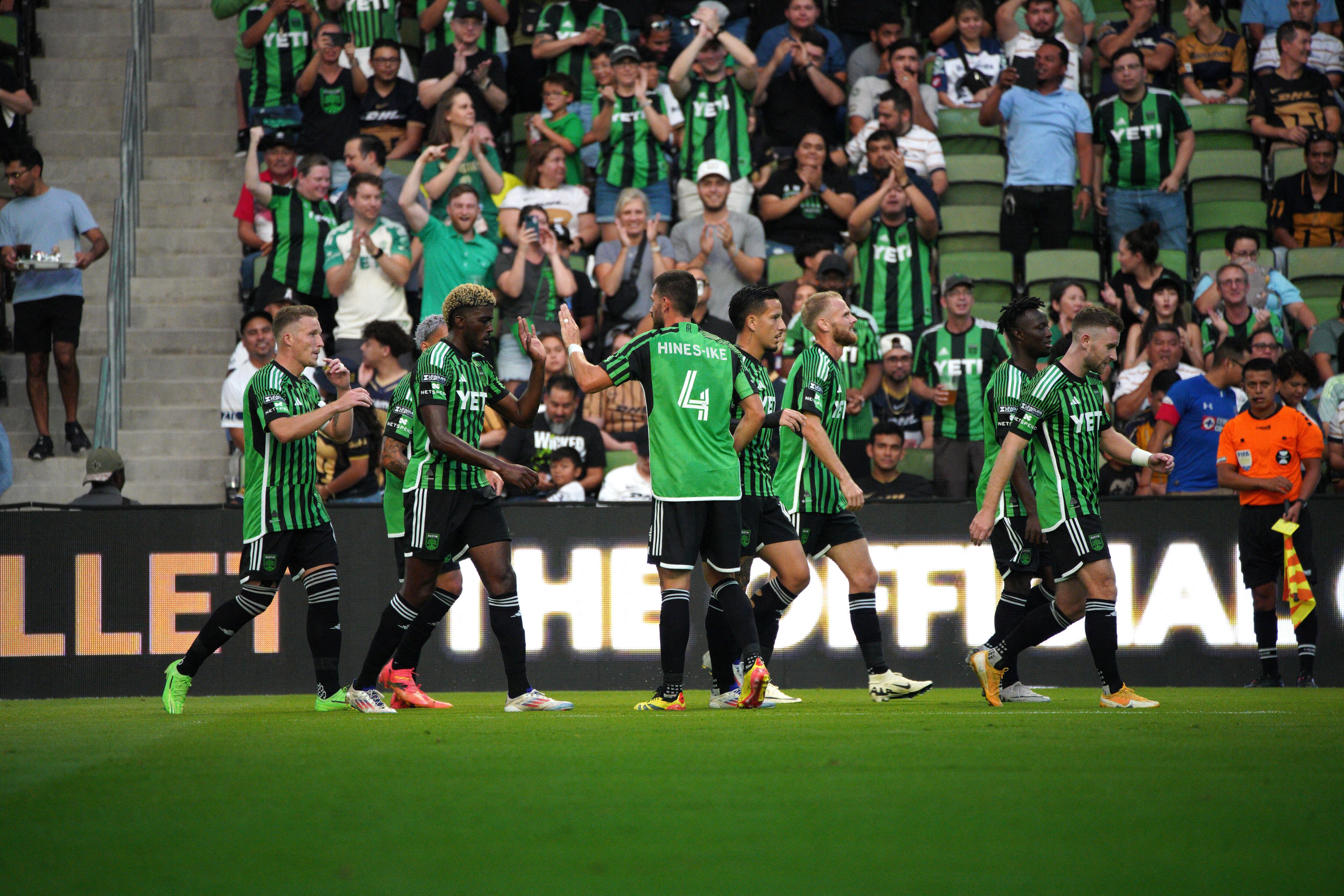 Jul 26, 2024; Austin, Texas, USA;  Austin FC celebrates a goal kick by midfielder Alex Ring (8) during the first half against Pumas UNAM at Q2 Stadium. Mandatory Credit: Dustin Safranek-USA TODAY Sports