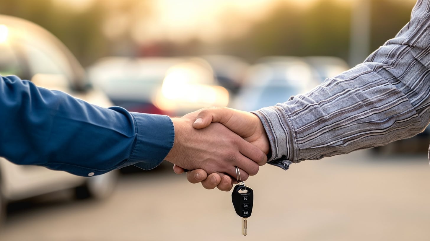 Dos hombres adultos cierran un acuerdo de compra de auto, pasándose la llave del mismo de mano en mano - (Imagen Ilustrativa Infobae)