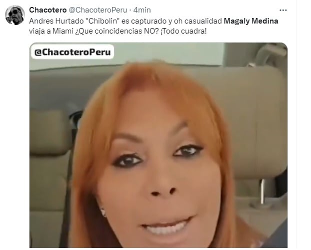 Usuarios especulan sobre ausencia de Magaly Medina del país y su coincidencia con la detención de Andrés Hurtado. Twitter.