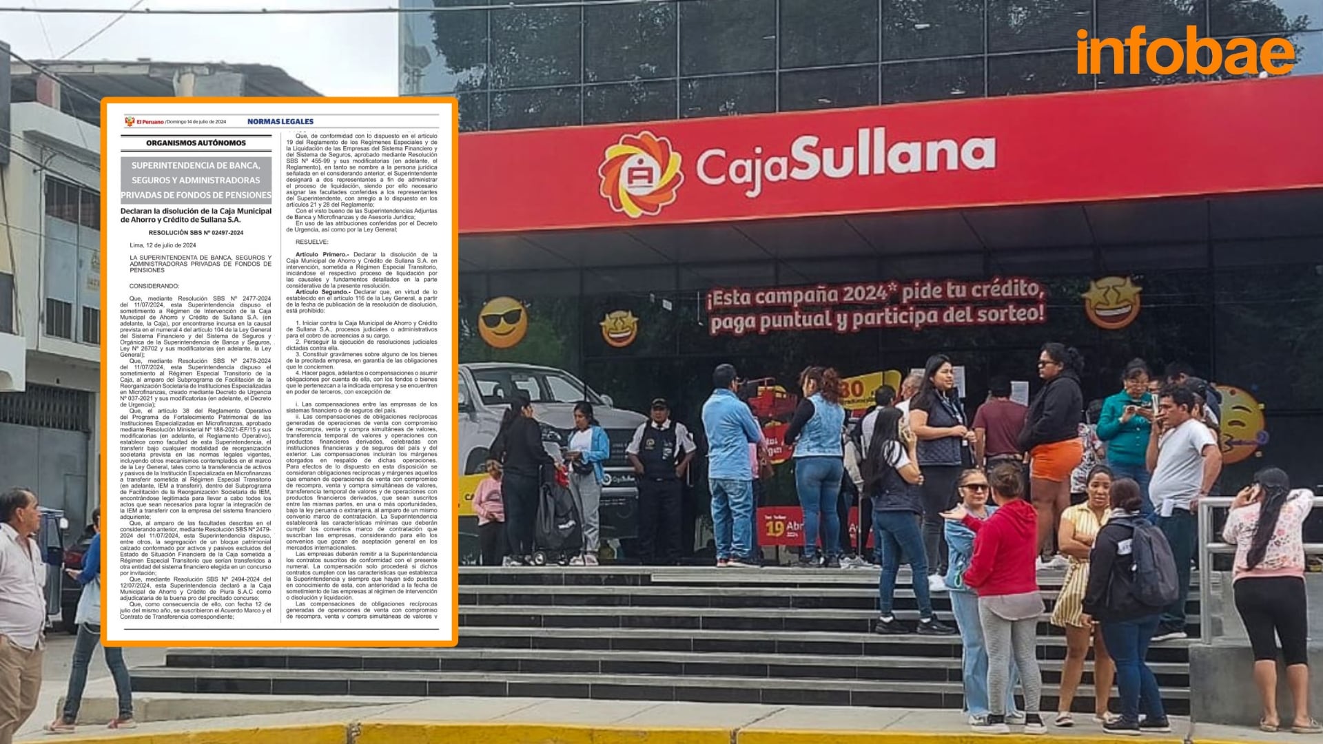 Fotocomposición, fachada de una agencia de la Caja Sullana y el documento de la Resolución de la SBS