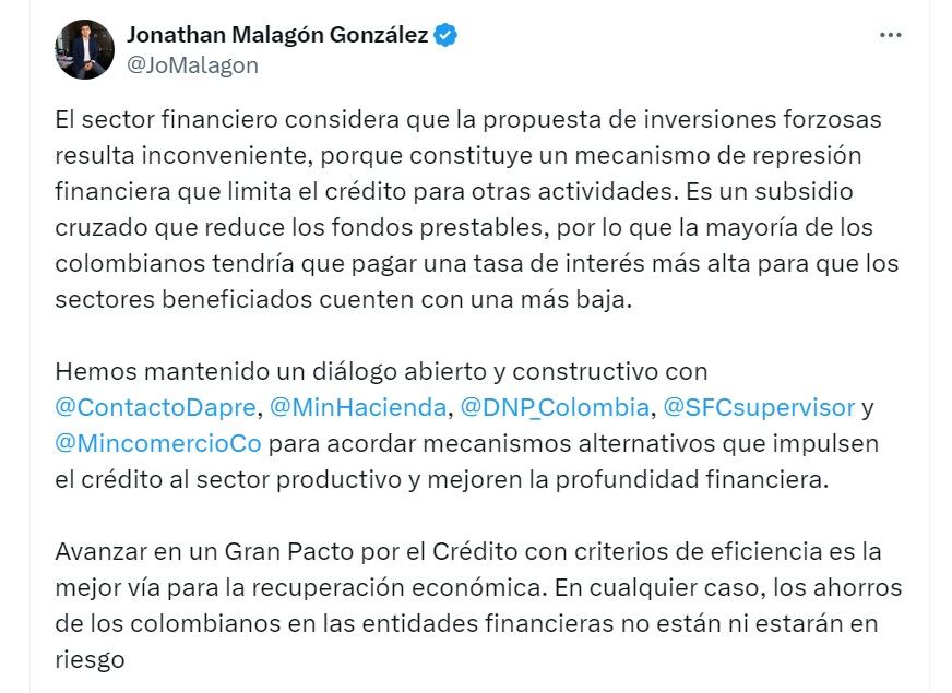 Jonathan Malagón, presidente de Asobancaria, alertó que las inversiones forzosas pueden verse como una represión al sistema financiero - crédito @JoMalagon/X