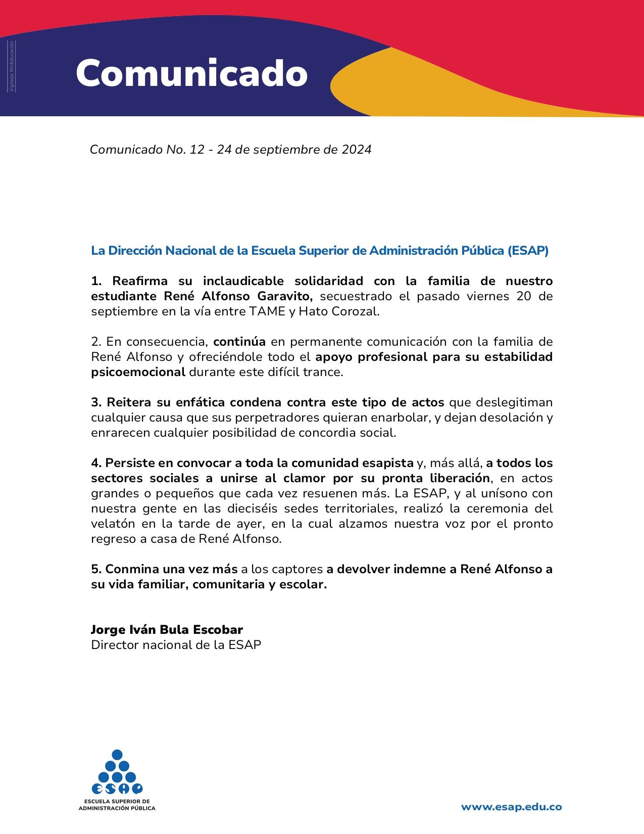 La Esap emitió un comunicado rechazando el secuestro del estudiante René Alfonso Garavito - crédito @ESAPOficial/X