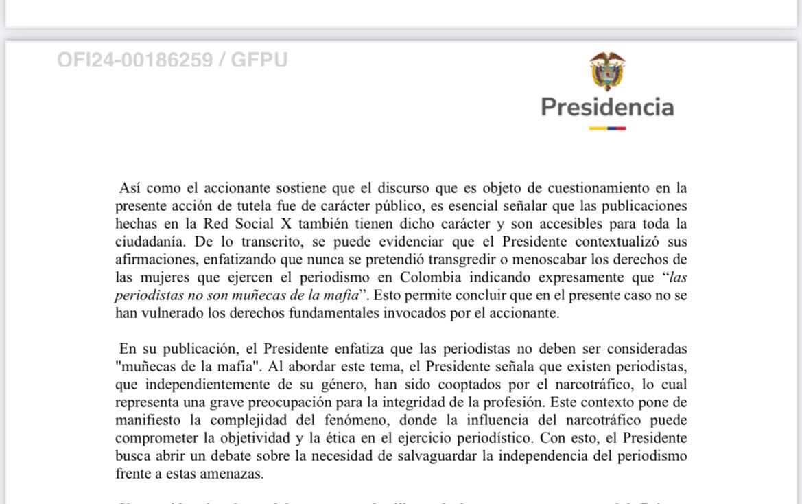 El jefe de Estado solicitó al Consejo de Estado declarar improcedente la tutela interpuesta en su contra por referirse a algunas periodistas como “muñecas de la mafia” - crédito Presidencia de la República