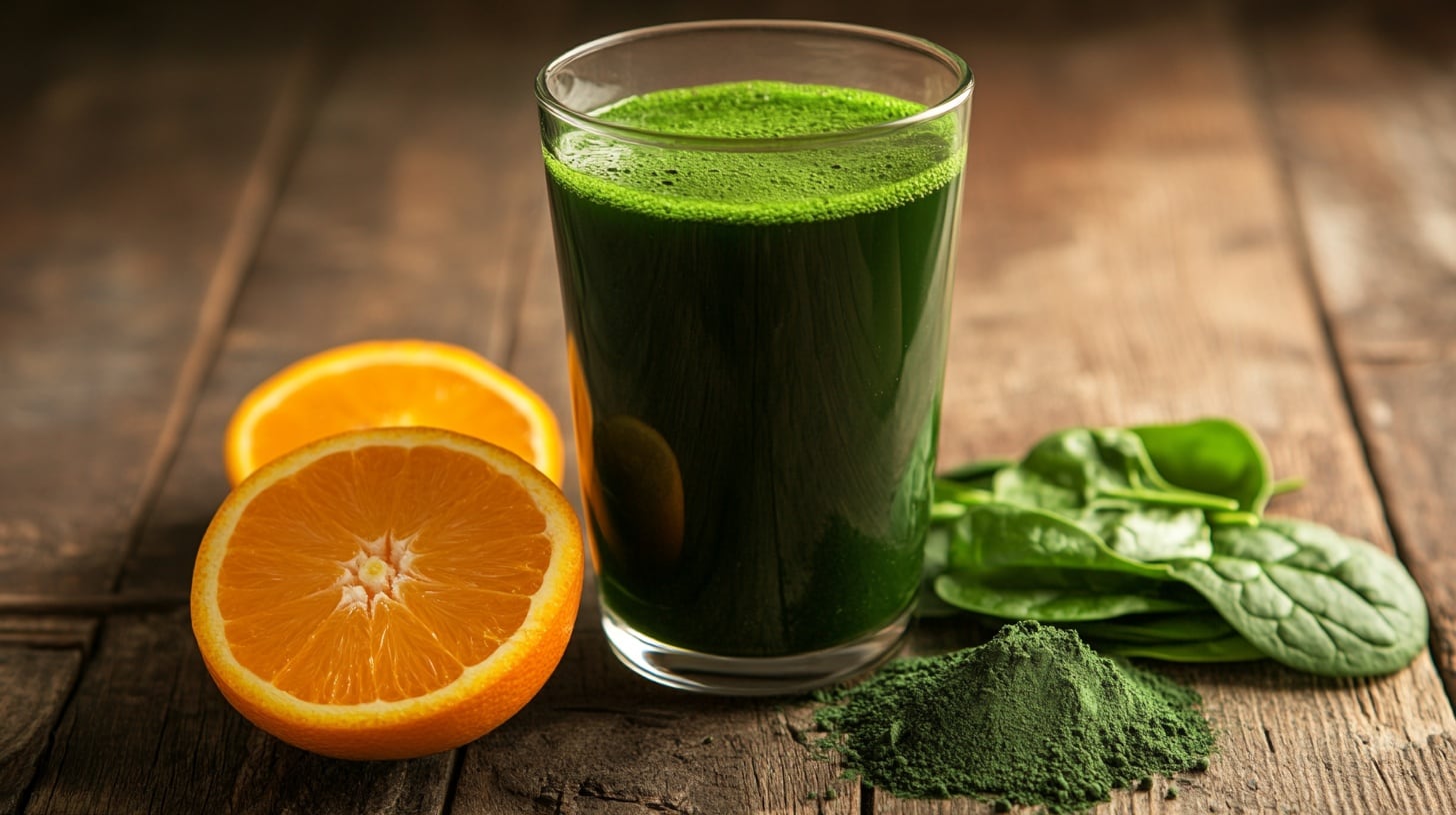 Jugo de espirulina, espinaca y naranja, bebida saludable y energizante, rica en vitaminas y antioxidantes, ideal para detox y bienestar - (Imagen Ilustrativa Infobae)