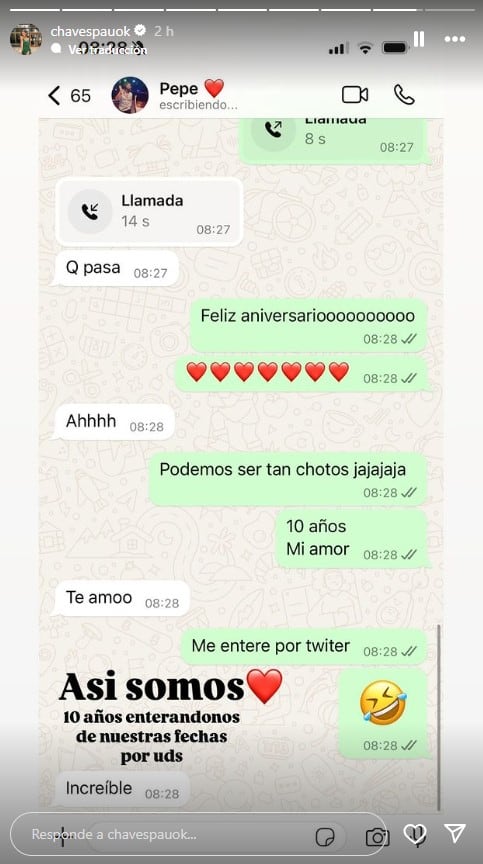 El divertido chat entre Paula Chaves y Pedro Alfonso por su aniversario (Instagram)