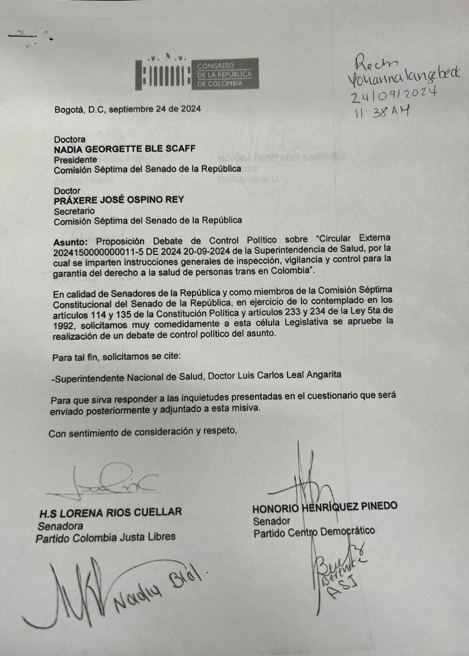 Proposición para citar al superintendente de Salud, Luis Carlos Leal, a debate de control político - crédito @honohenriquez/X