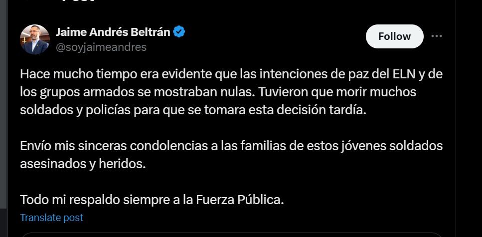 Reacciones políticas por la decisión del presidente Petro - crédito @soyjaimeandres/X