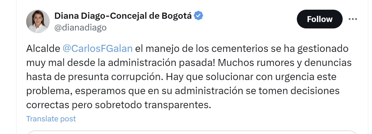 La concejala Diana Diago pidió al alcalde de Bogotá solucionar la emergencia que se evidencia en los cuatro cementerios distritales - crédito @dianadiago/X