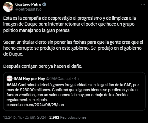 Gustavo Petro afirma que las irregularidades encontradas en la SAE son del gobierno Duque - crédito red social X