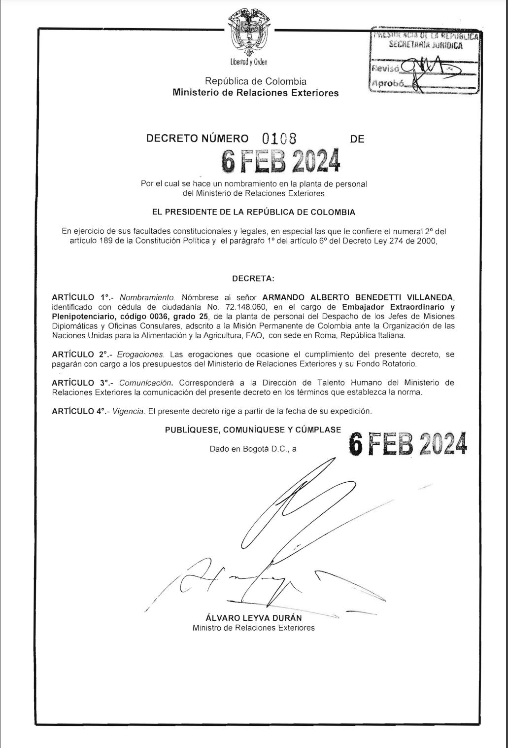 Decreto 0108 firmado por el canciller Álvaro Leyva el 6 de febrero de 2024 para nombrar a Armando Benedetti en la planta del Ministerio de Relaciones Exteriores