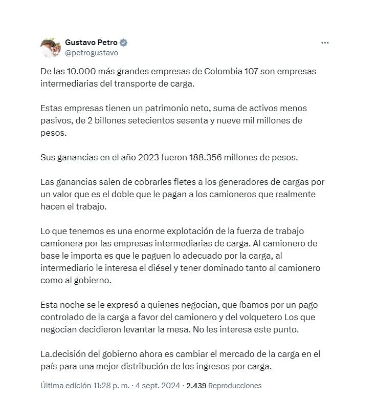 Trino del presidente Petro sobre la crisis que ha provocado el paro camionero. (Crédito: @petrogustavo / X)