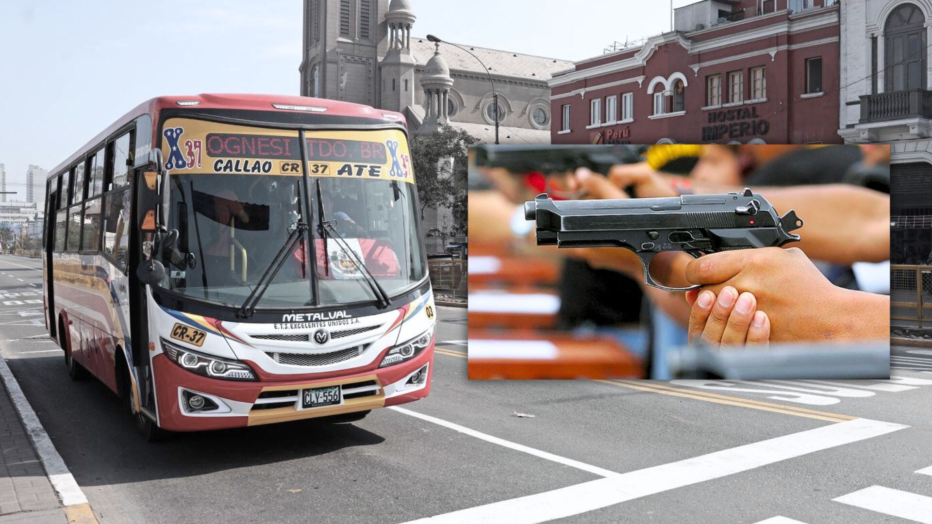 bus de transporte públicos en calle y mano con pistola apuntando