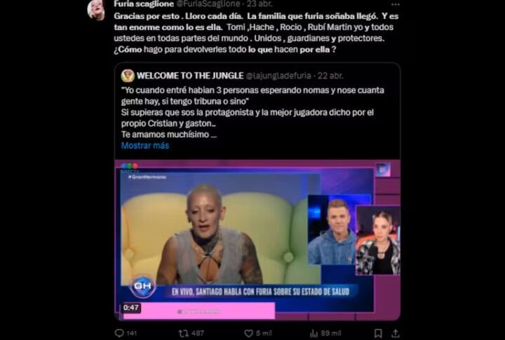 El mensaje de la hermana de Furia tras enterarse que la jugadora de Gran Hermano tiene leucemia (Twitter)