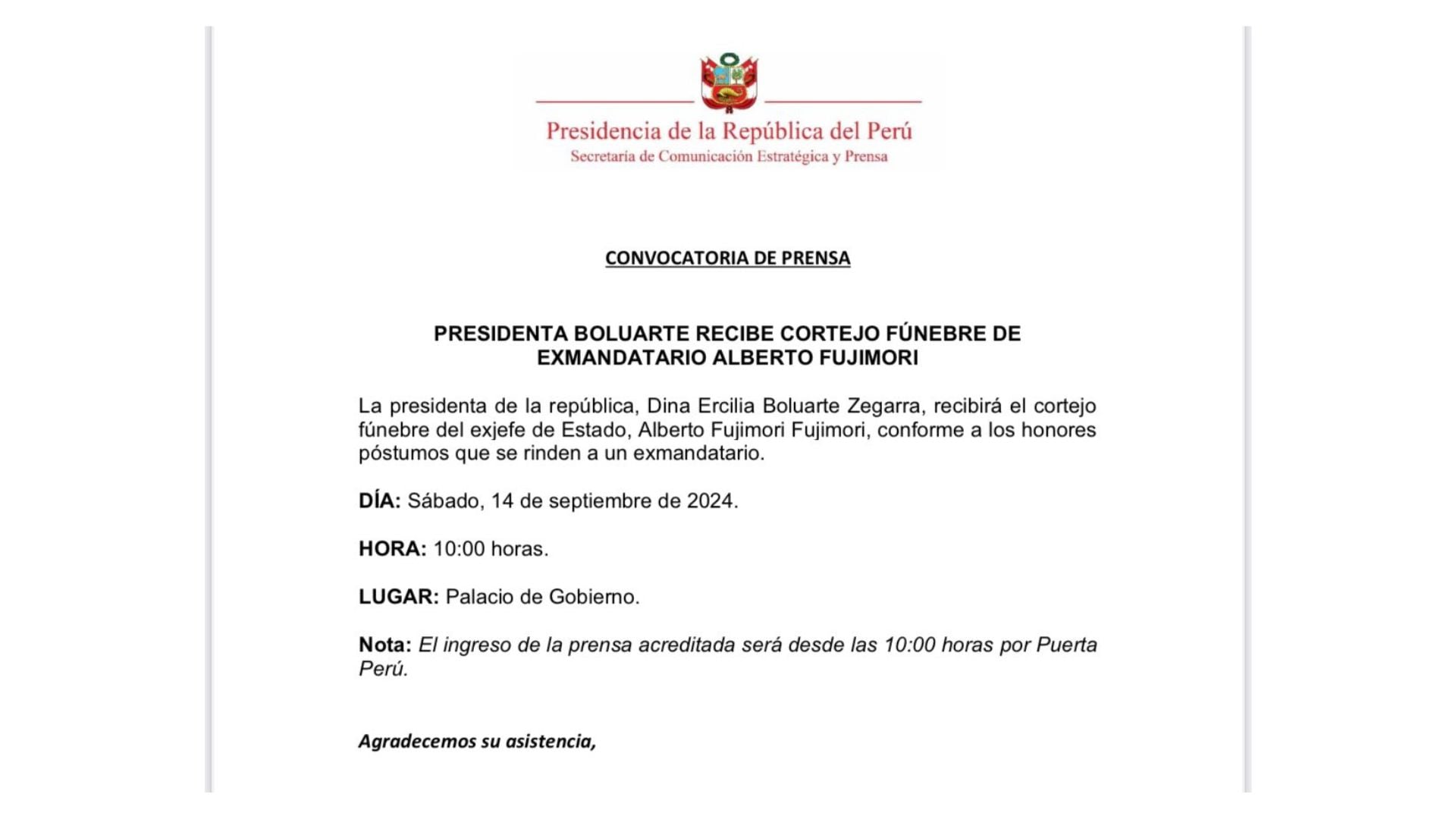 Palacio de Gobierno confirma recibimiento de los restos de Alberto Fujimori.