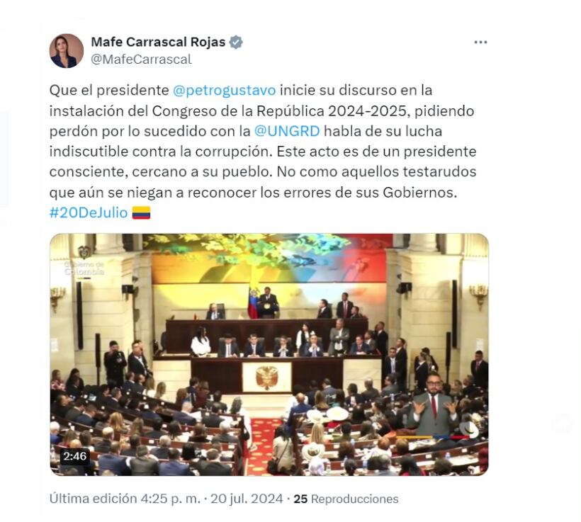 María Fernanda Carrascal elogió a Petro por su apertura en el discurso inaugural del Congreso - crédito @MafeCarrascal / X