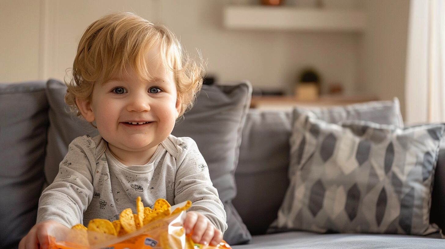 Un niño con sobrepeso se relaja en el sillón, con un paquete de papas fritas en sus manos. La imagen muestra a un niño sentado cómodamente, con un paquete de comida chatarra en su regazo, lo que puede ser un indicador de hábitos alimenticios poco saludables. La obesidad infantil es un problema de salud que requiere atención y cambios en la dieta y el estilo de vida. (Imagen ilustrativa Infobae)