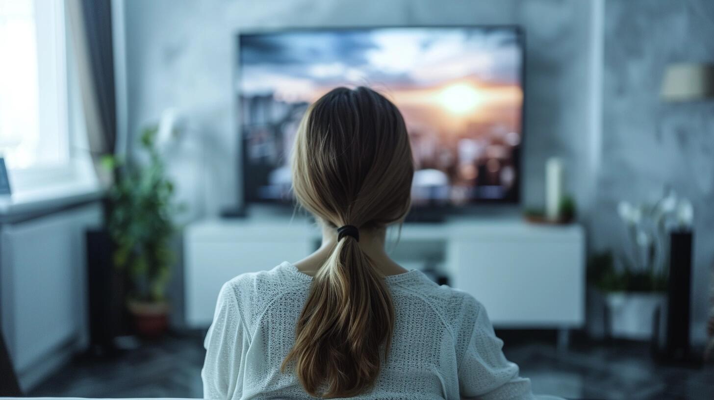 Mujer joven sentada en el living de su casa, mirando atentamente la televisión, conectada a una app de streaming. La habitación está iluminada suavemente, creando un ambiente acogedor para su maratón de cine y series. Ella navega por la programación de fin de semana, eligiendo su entretenimiento a través de internet. (Imagen ilustrativa Infobae)