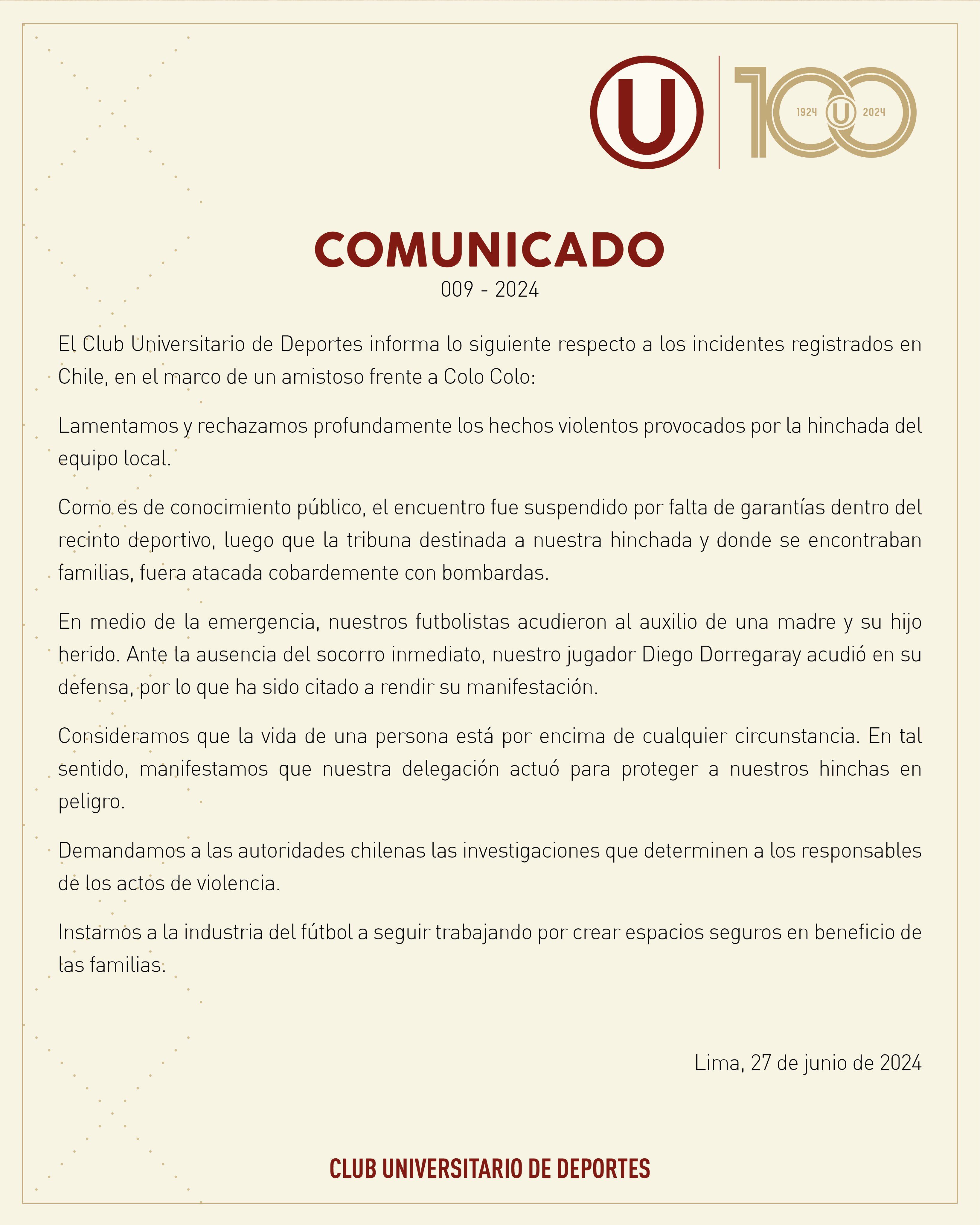 Comunicado de Universitario tras suspenderse el partido amistoso ante Colo Colo.