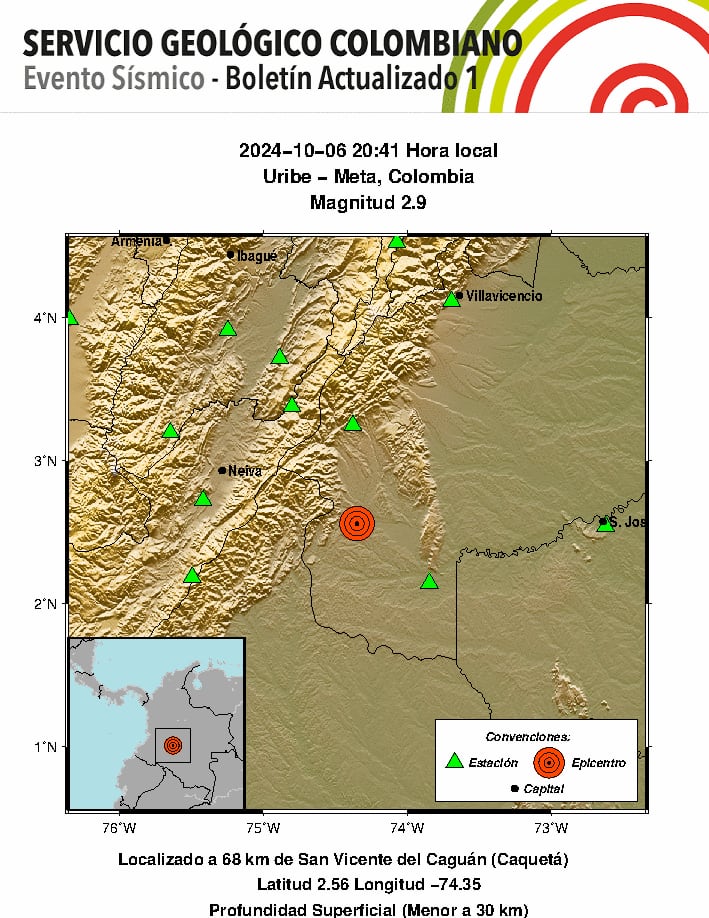 El sismo se presentó sobre las 8:41 p. m. - crédito SGC