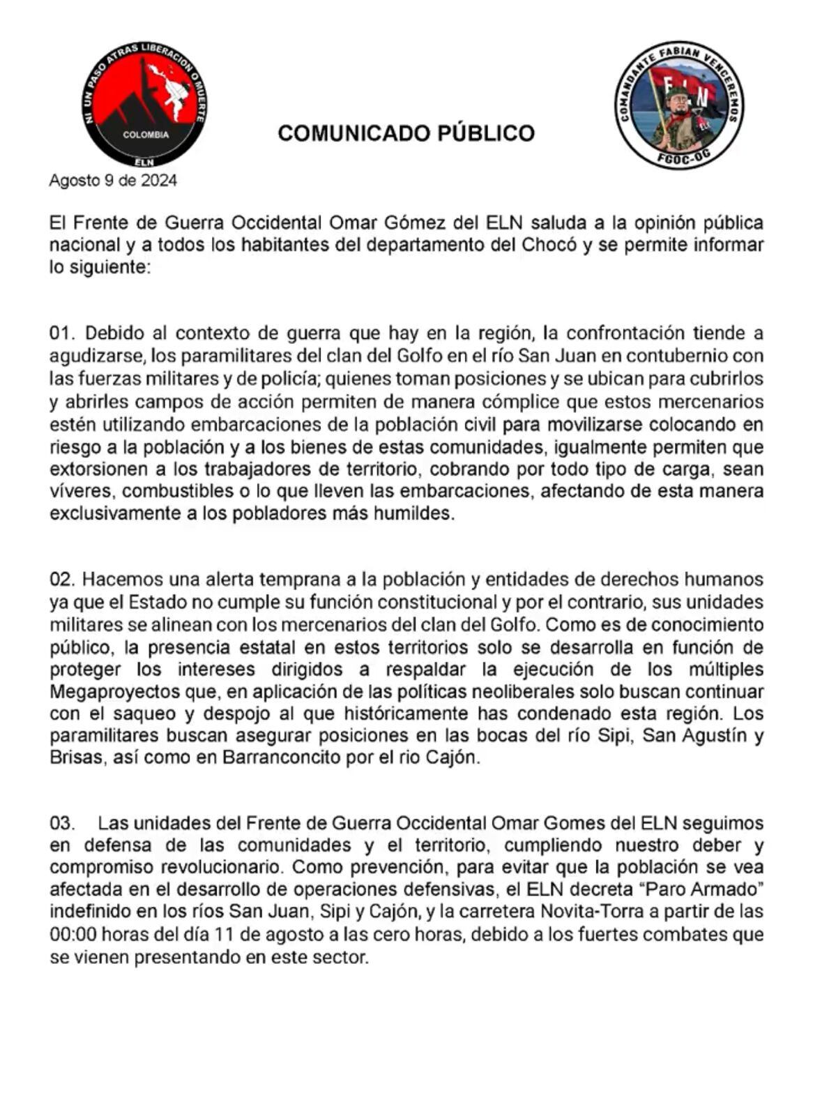 Este es el documento donde el ELN anunció el paro armado - crédito @CMDT_FABIAN_/X