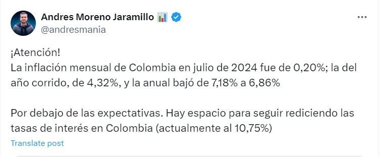 El experto en Economía pidió reducir las tasas de interés al Banco de la República - crédito @andresmania/X