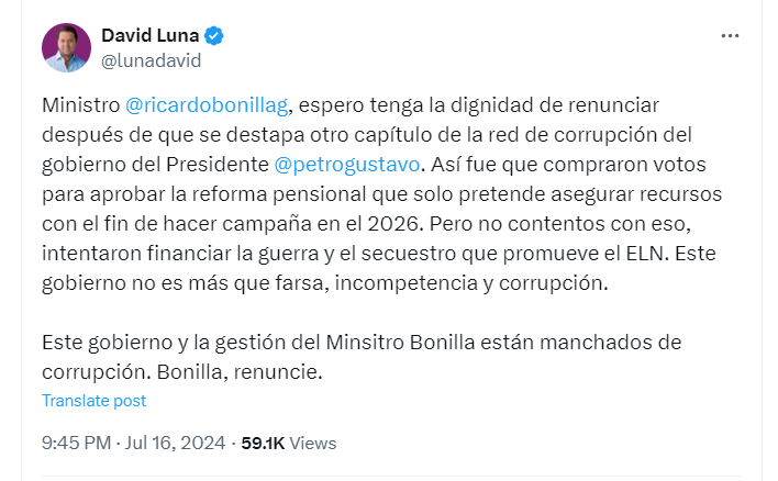 David Luna pidió la renuncia del ministro de Hacienda tras acusaciones de Olmedo López - crédito @lunadavid/X