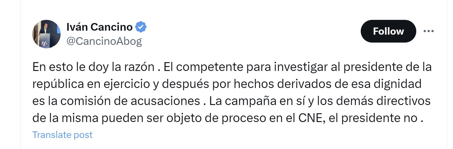 El abogado Iván Cancino respaldó postura de Gustavo Petro con respecto al CNE - crédito @CancinoAbog/X