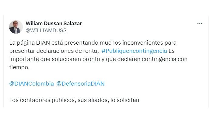 Queja del usuario William Dussan Salazar - crédito @WilliamDuss/X