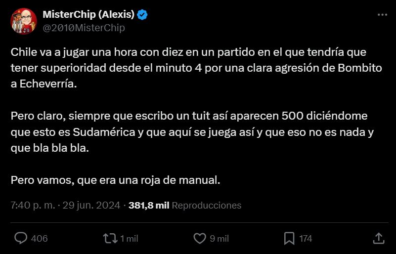 Opinión de MisterChip sobre el codazo en el Chile vs Canadá por la Copa América 2024.