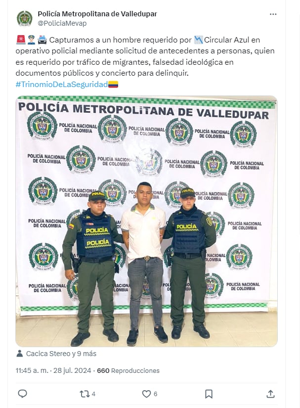 En total, el hombre de nacionalidad de colombiana estaba siendo buscado por las autoridades en 197 países - crédito @PoliciaMevap/X