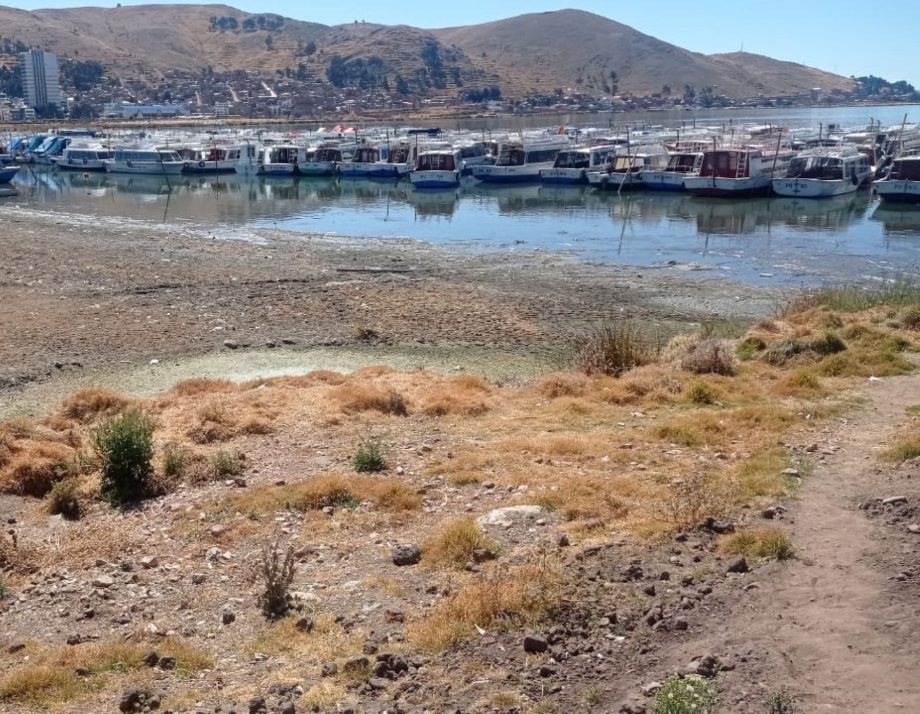 El lago Titicaca registra niveles preocupantemente bajos de agua.