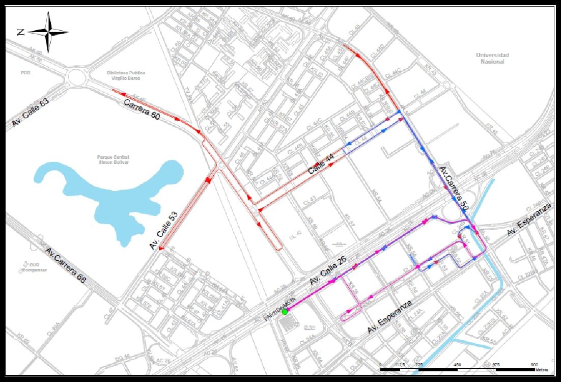 El recorrido de los tres kilómetros (3K) inicia en la calle 26; en el caso de los seis y doce kilómetros (6K y 12K) la carrera inicia en la plazoleta alfiles en la av. calle 26 (calzada de servicio sur), pero para diferenciarlas el recorrido es el resaltado con color rojo es el de los 12K, mientras que el color azul corresponde a los 6K y el color lila a los 3K - crédito Secretaría Distrital de Movilidad