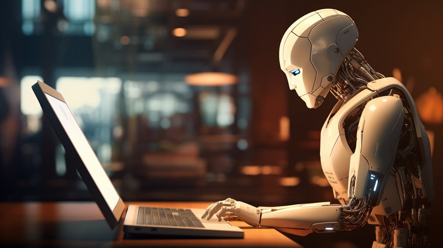 Robot trabajando con una laptop en una oficina moderna, simbolizando la revolución tecnológica en el entorno laboral. (Imagen ilustrativa Infobae)