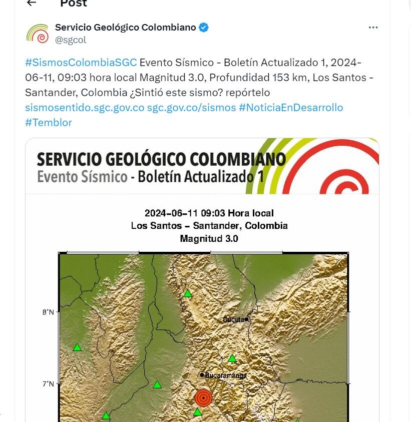 Servicio Geológico Colombiano informa de un sismo en Los Santos, Santander - crédito @sgcol