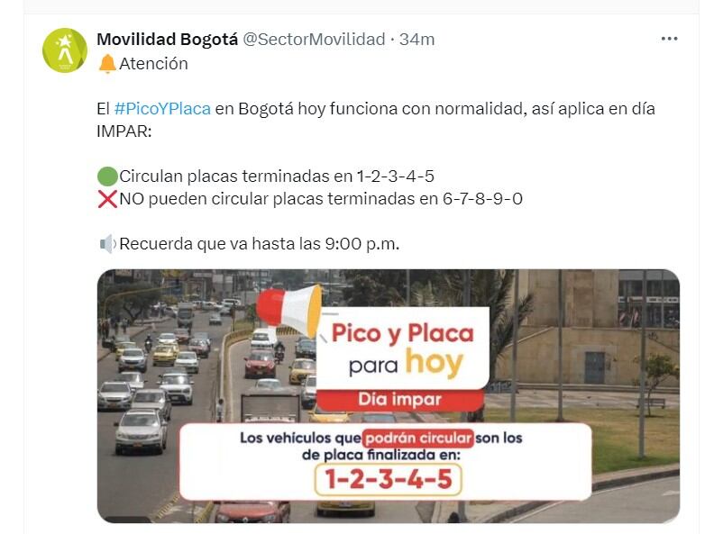 Movilidad Bogotá recuerda a usuarios que Pico y placa funciona con normalidad - crédito @SectorMovilidad