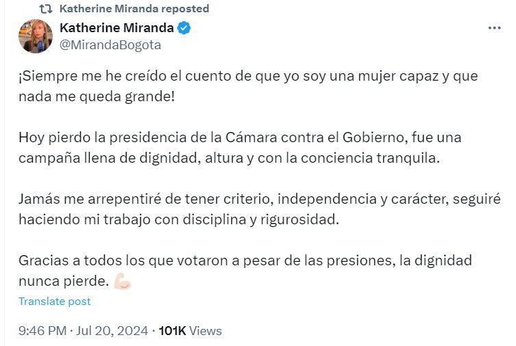 La representante no obtuvo los votos suficientes para ser elegida como presidenta de la corporación - crédito @MirandaBogota/X