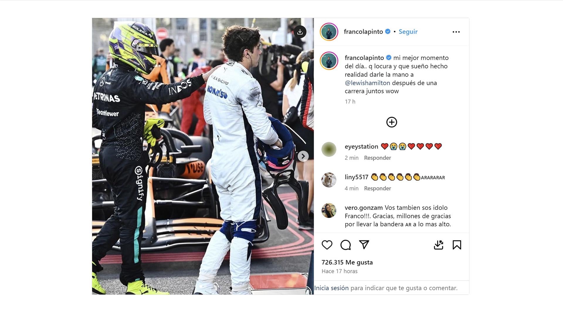 El saludo de Lewis Hamilton a Colapinto