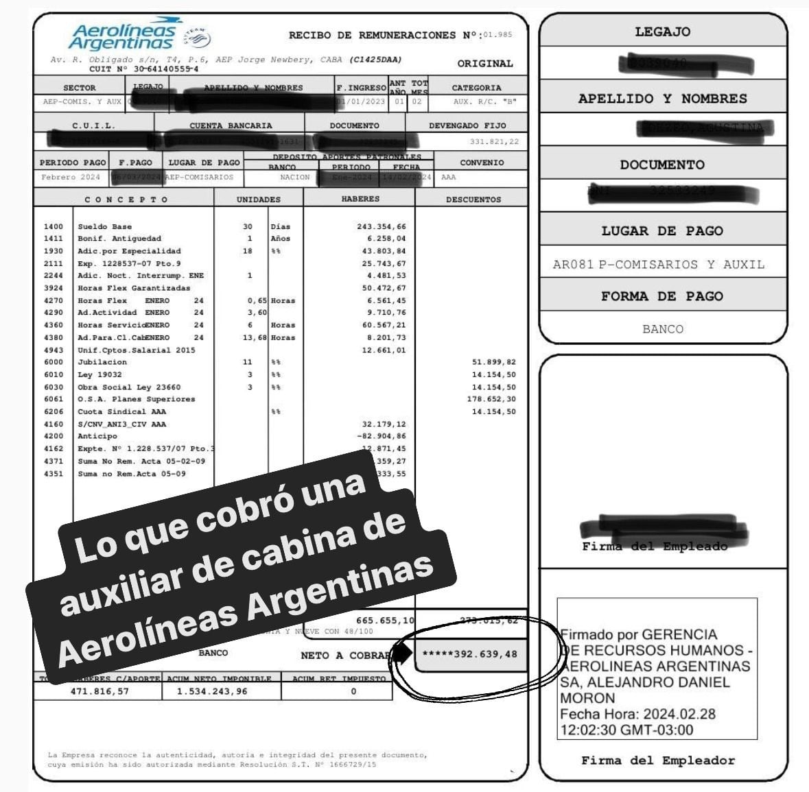 Recibos de empleado de Aerolineas Argentinas