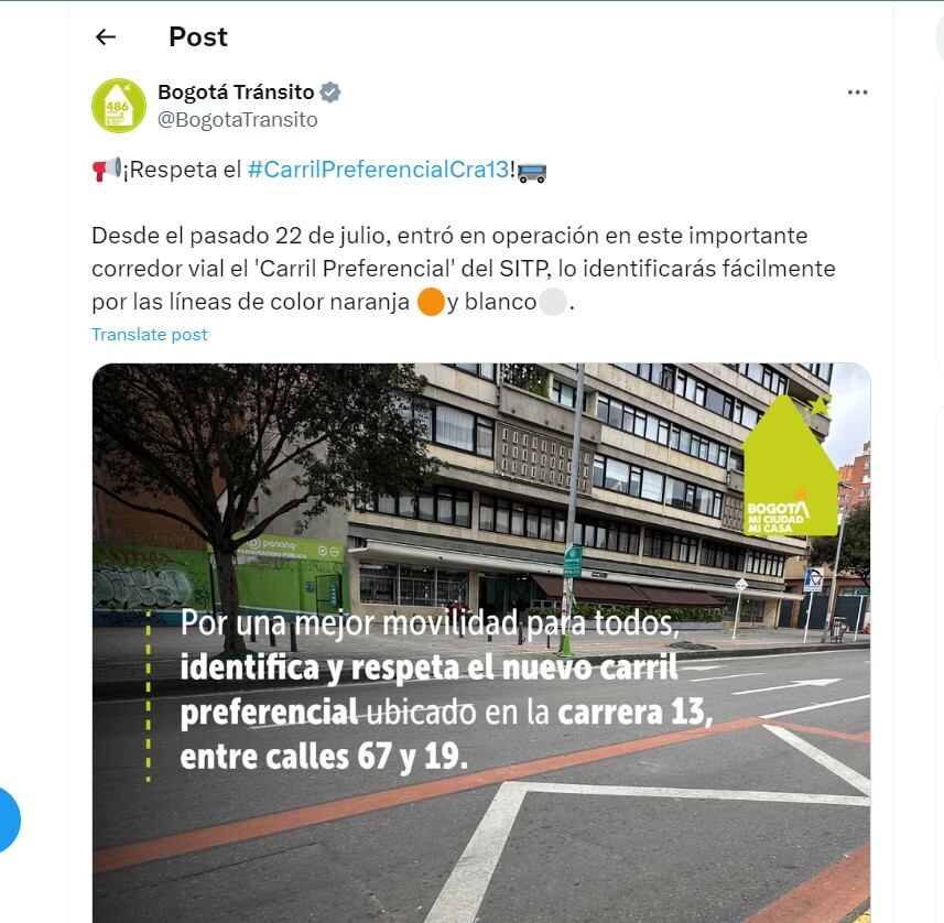 Bogotá Tránsito  pidió respetar carril preferencial de la carrera 13 - crédito @BogotaTransito