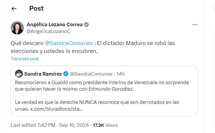 Angélica Lozano dice que Nicolás Maduro se robó las elecciones en Venezuela - crédito @AngelicaLozanoC