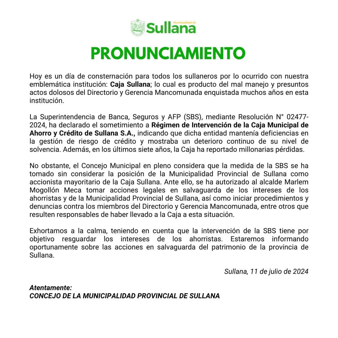 Comunicado de la Municipalidad Provincial de Sullana