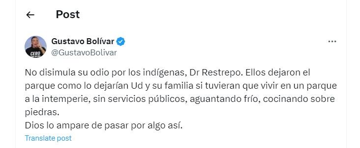 Gustavo Bolívar salió en defensa de la comunidad Embera por comentario del exministro Restrepo - crédito @GustavoBolivar