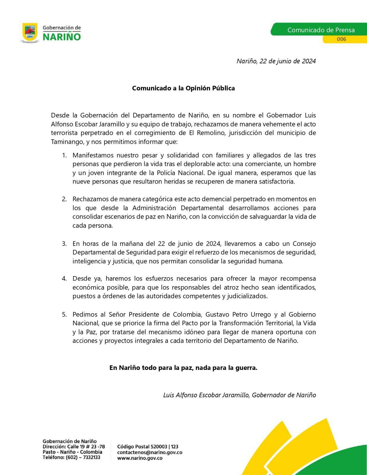 Gobernación de Nariño rechazó el atentado en Taminango - crédito @LuisAlfonsoEsc/X