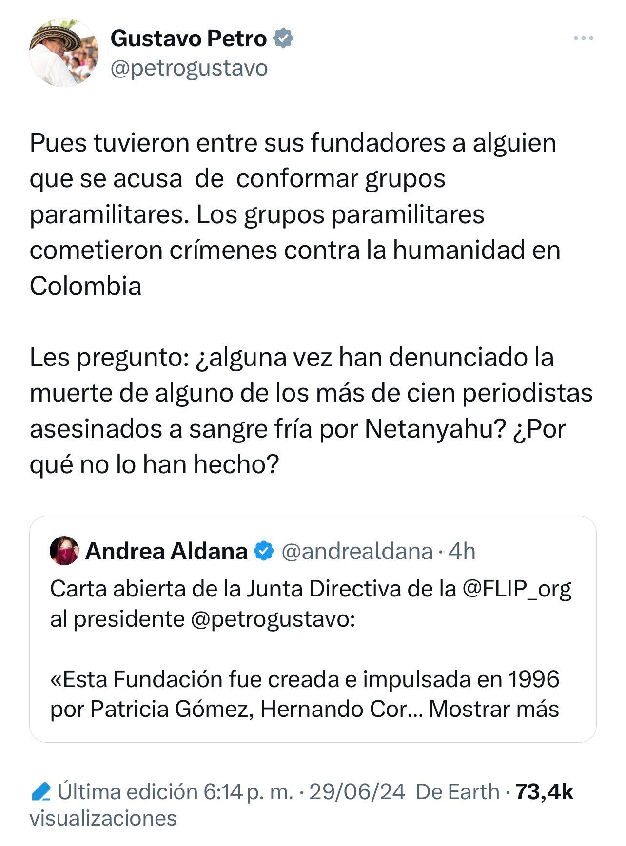 La relación entre el presidente Petro y la Flip se ha visto afectada por críticas y desacreditaciones - crédito @petrogustavo / X