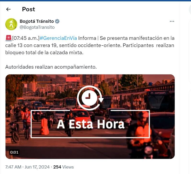 Bogotá Tránsito informó de una manifestación - crédito @BogotaTransito