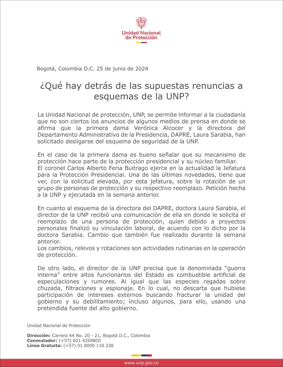 Comunicado de la UNP sobre los esquemas de seguridad de la primera dama de Colombia y la directora del Dapre - crédito @UNPColombia / X