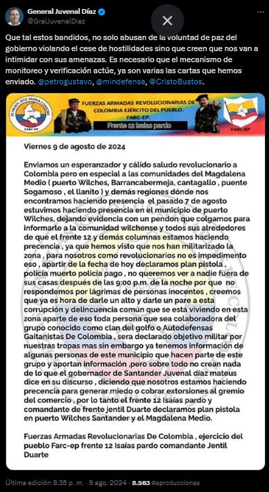 "Ya son varias las cartas que hemos enviado (al Gobierno)", afirmó el Juvenal Díaz - crédito @GralJuvenalDiaz/X